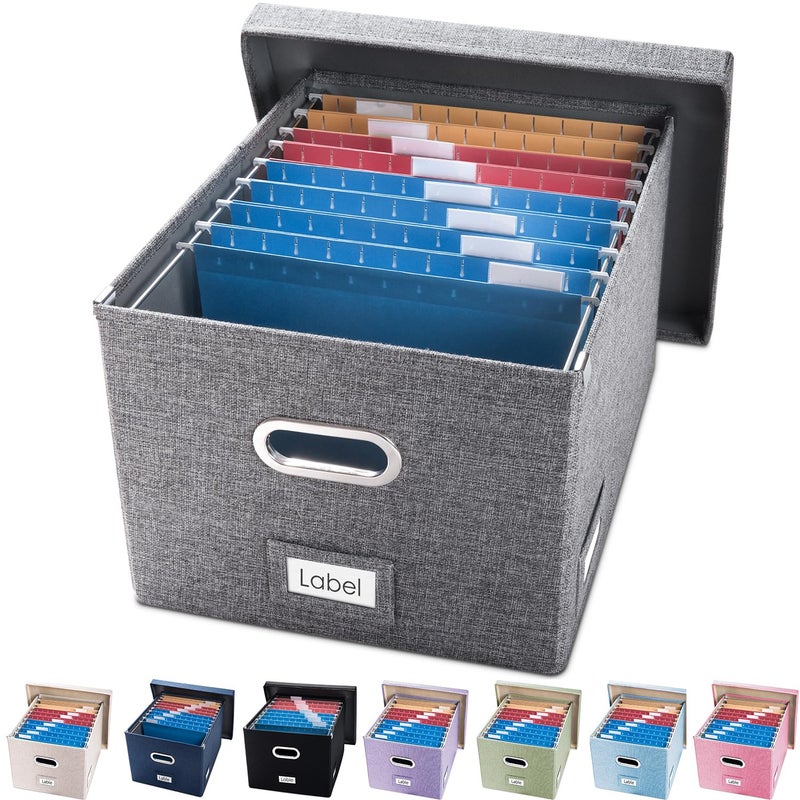 PRANDOM File Organizer Box - Set of 1 Collapsible Decorative Linen Filing Storage Hanging File Folders with Lids Office Cabinet Letter/Legal Size Grey (17x14x11.2 inch) - Image 1